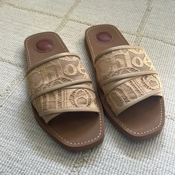 Chloé Brown Lace Logo Slide Sandals - Picture 3 of 7